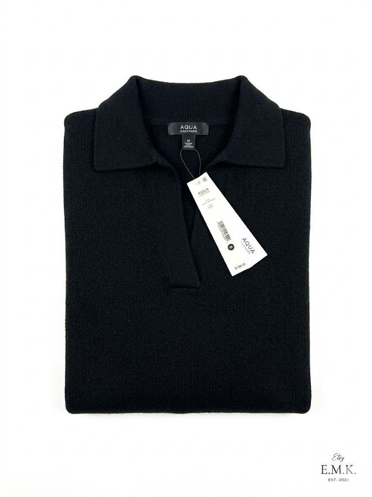 100% Aqua Cashmere Black Polo Sweater Size Medium