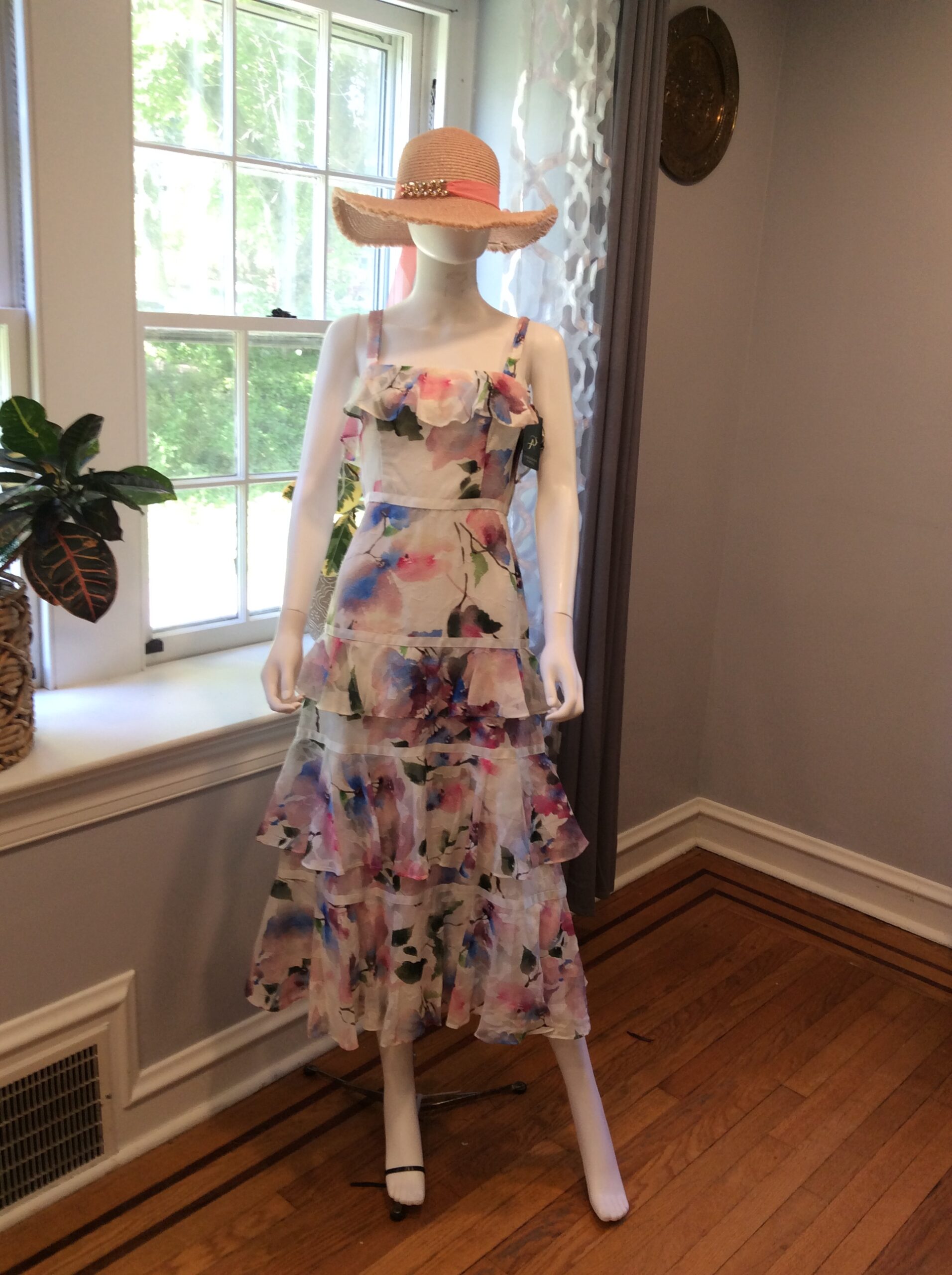 Adrianna Papell Pastel Floral Tiered Midi Dress Size 2