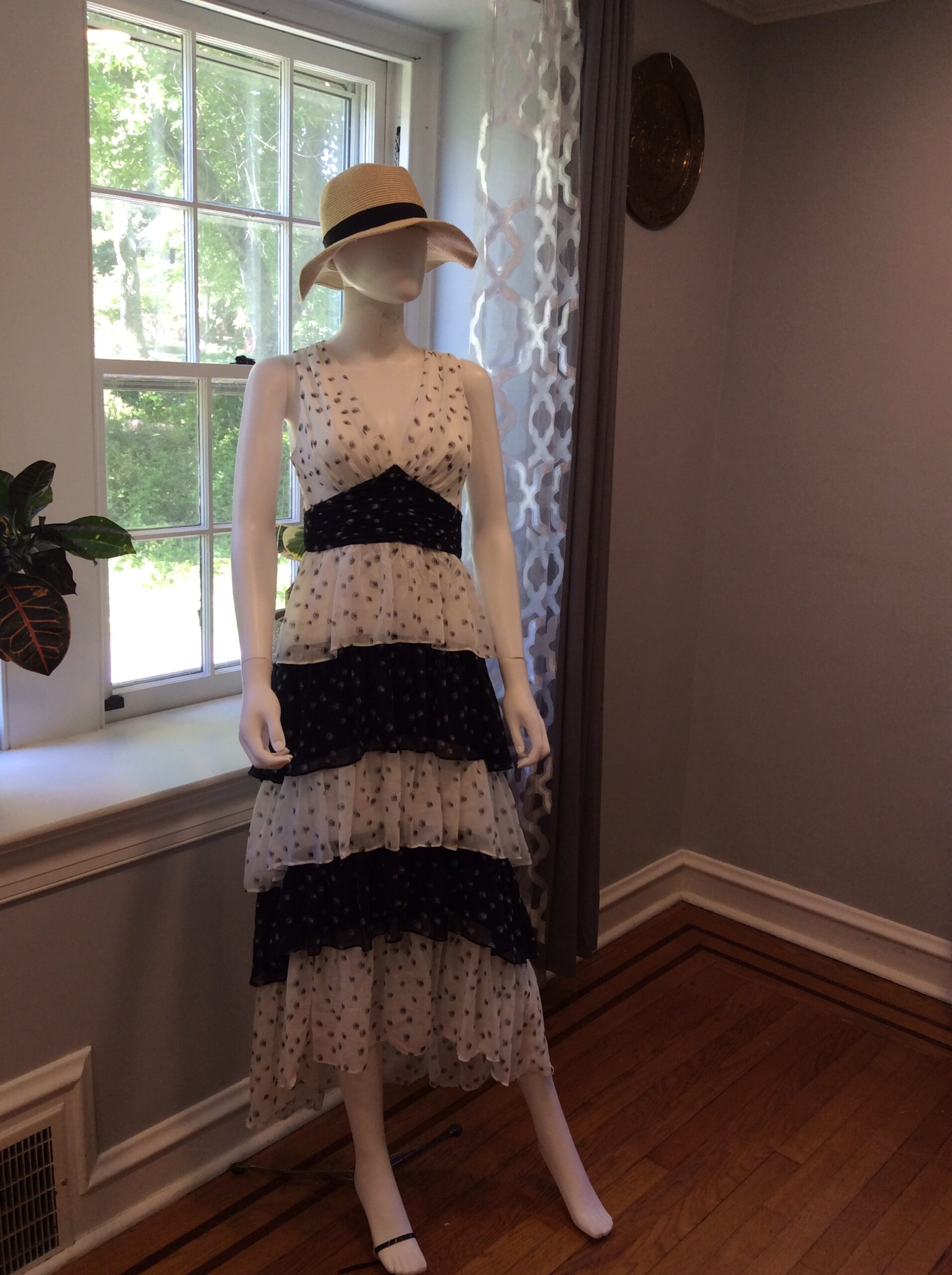 State Black and Ivory Tiered Polka Dot Midi Dress Size 4