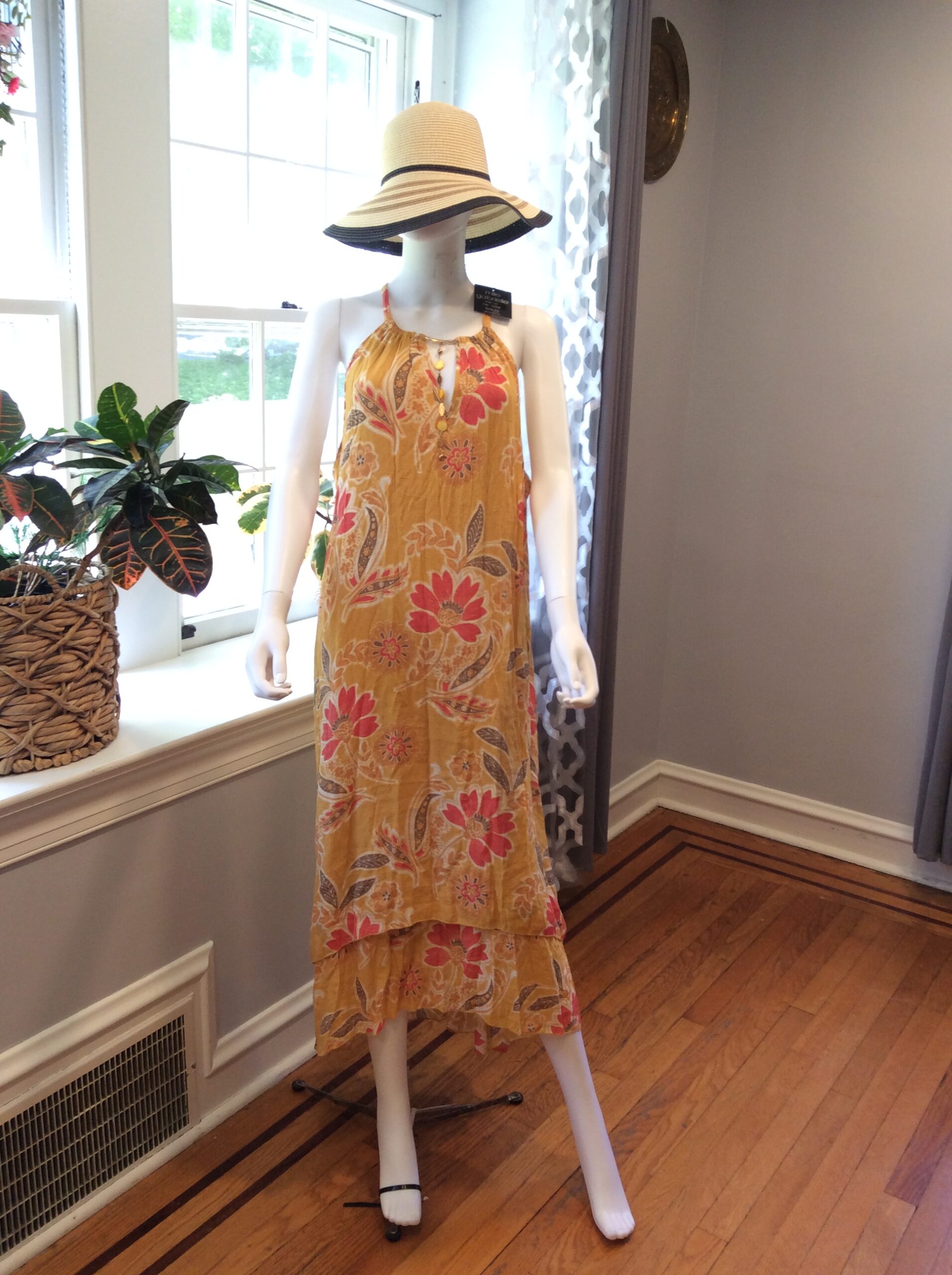 Mlle Gabrielle Golden Floral Bohemian Midi Dress Size 3X