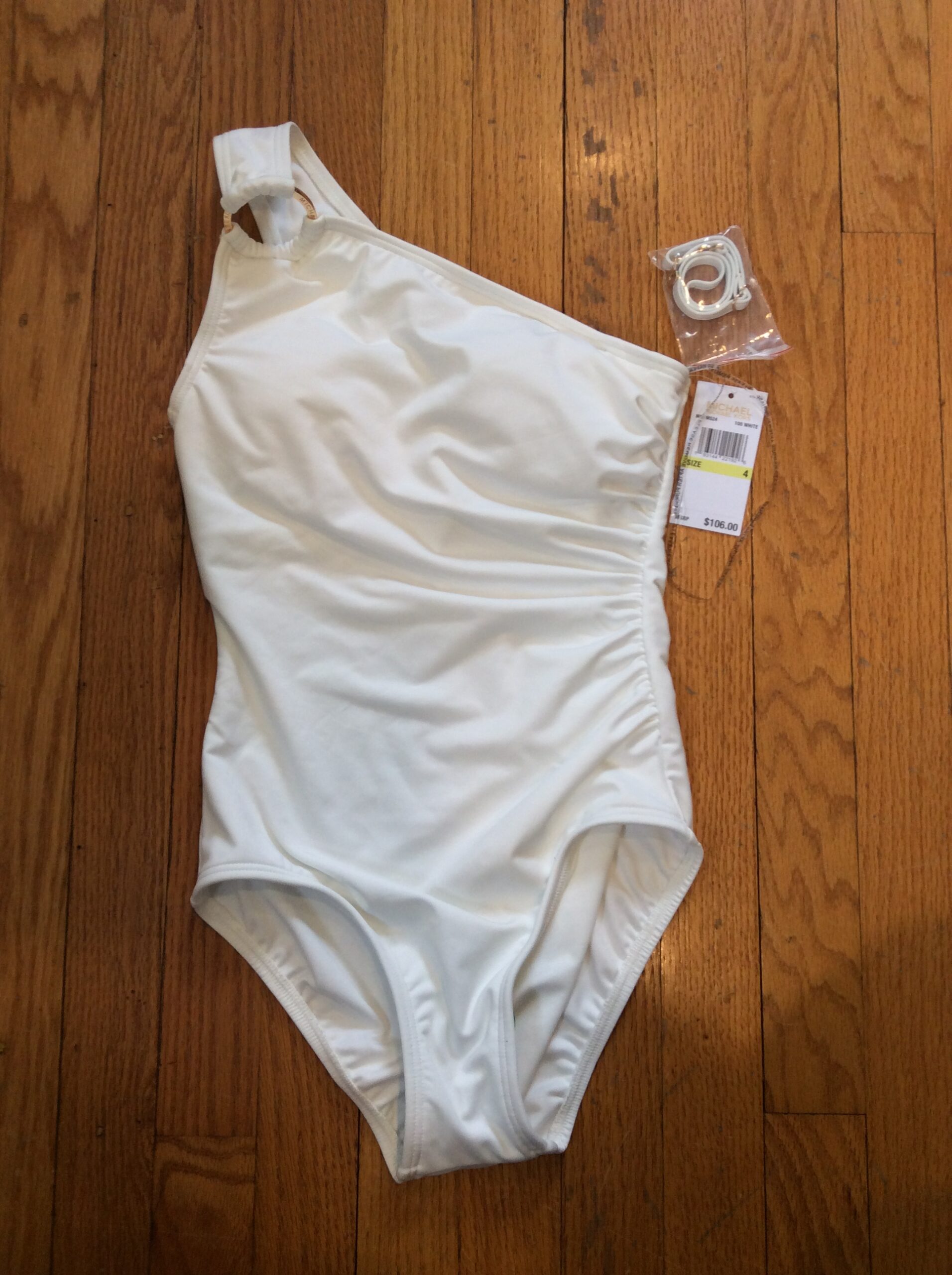 Michael Kors White One Shoulder Ruched One Piece Swimsuit 4 Size