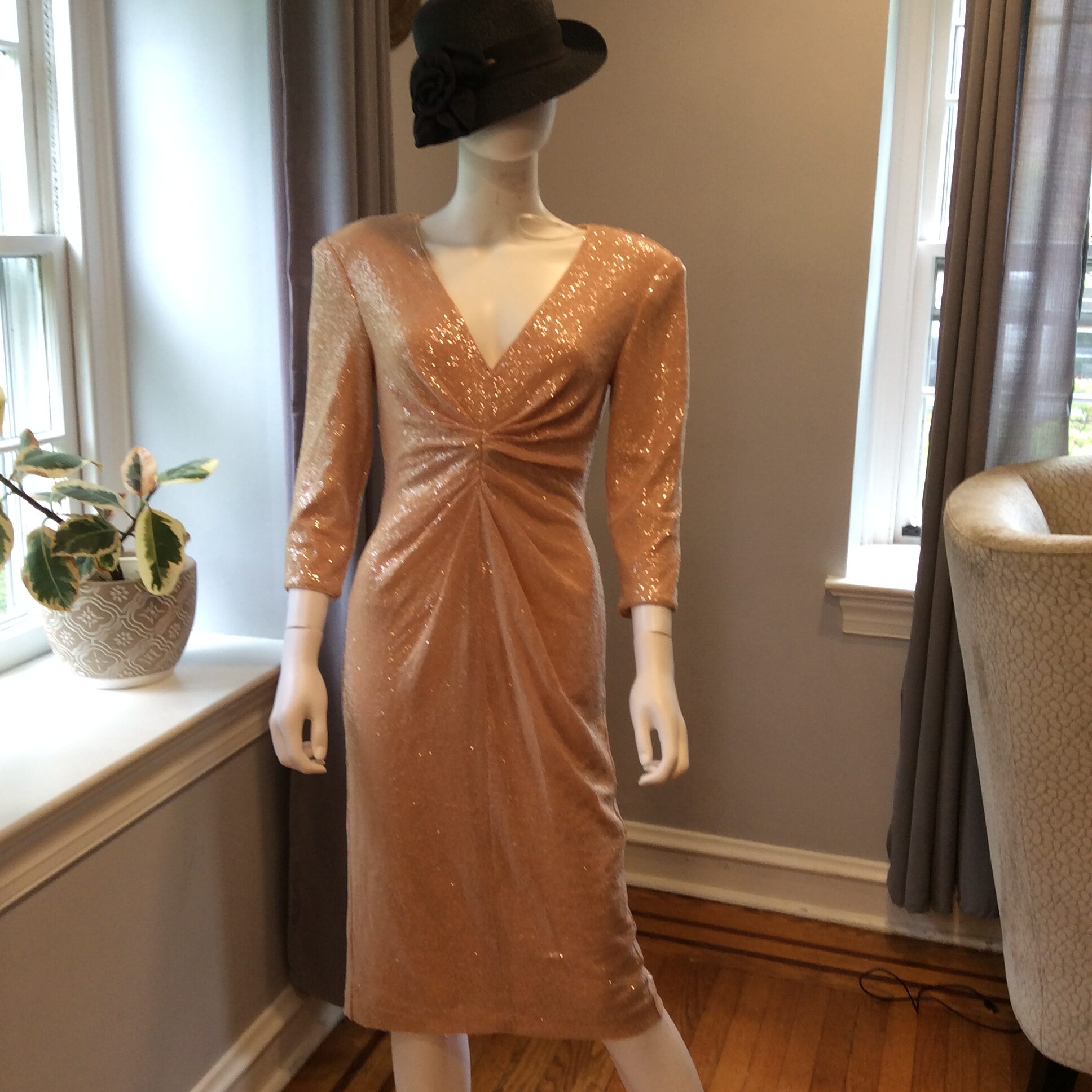 Rose Gold Sequin Midi Dress Sparkly Long Sleeve Cocktail Dress