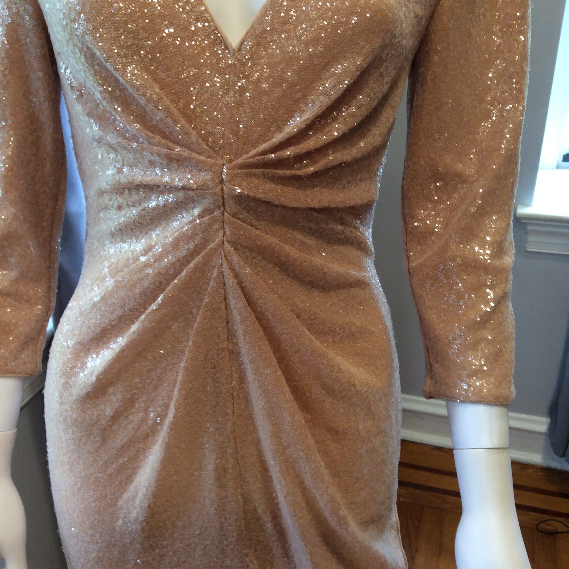 Rose Gold Sequin Midi Dress Sparkly Long Sleeve Cocktail Dress - Image 2