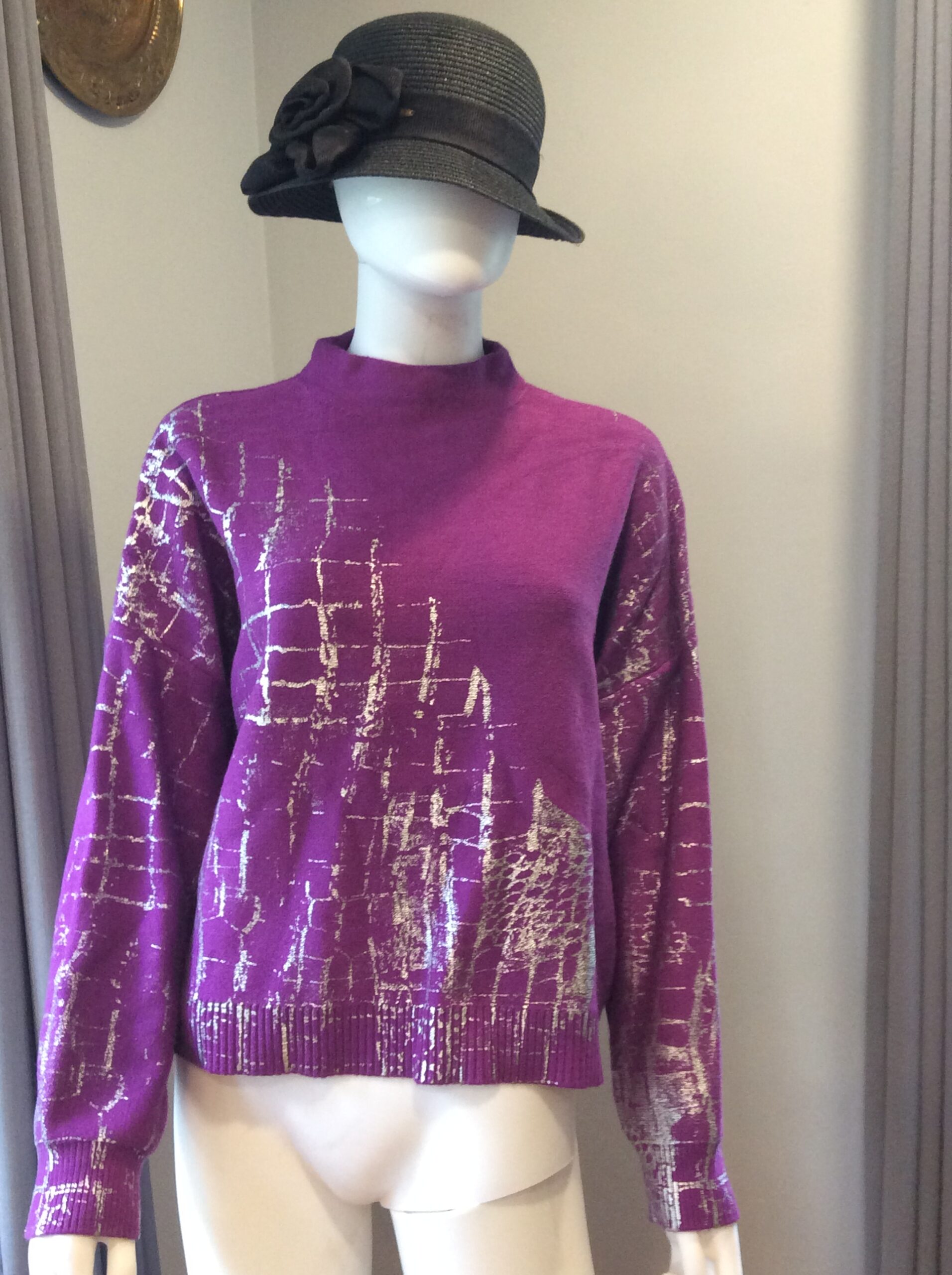 Adrienne Landau Purple Metallic Sweater Luxe Designer Statement Knit Top