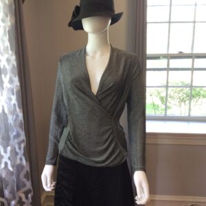 Silver Metallic Wrap Top Long Sleeve Shimmer Blouse