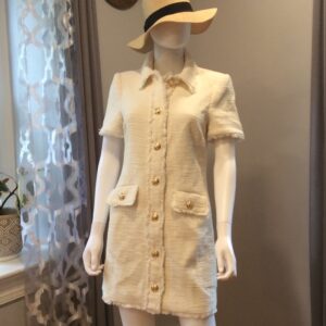 Cinq à Sept Ivory Tweed Mini Dress Luxe Gold Button Designer Dress