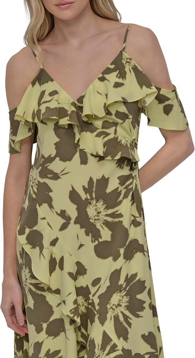 DKNY Yellow Floral Midi Dress Women's Ruffle Sleeve Summer Dress Size 8 - Image 7