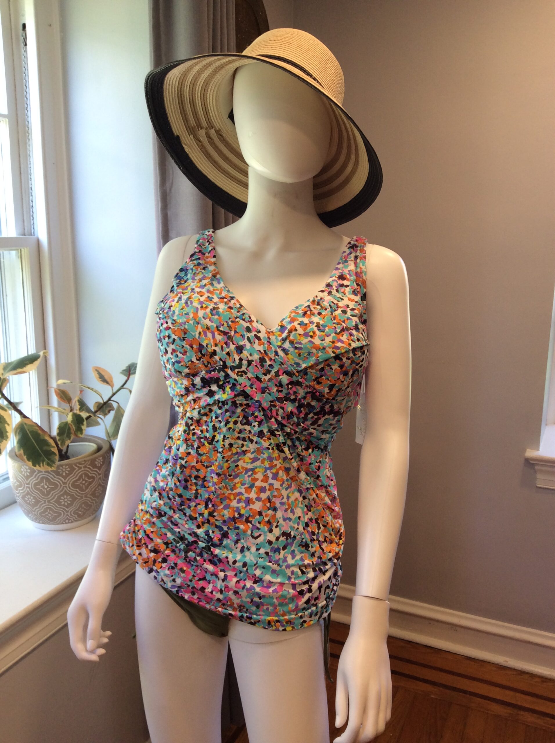 Confetti Print Tankini Top Tummy Control Swim Top Multicolor Swimwear Size 20W