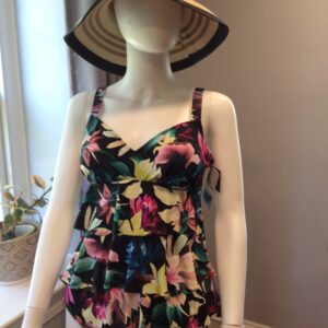 Black Tropical Floral Tankini Top Adjustable Strap Swimwear Size 8
