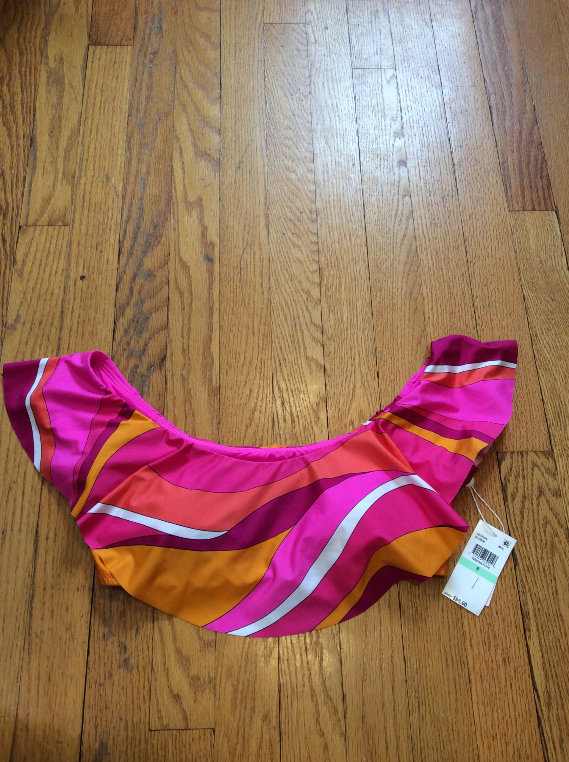 Hot Pink Orange Ruffle Off Shoulder Bikini Top Women's Size 8 NWT - Image 2