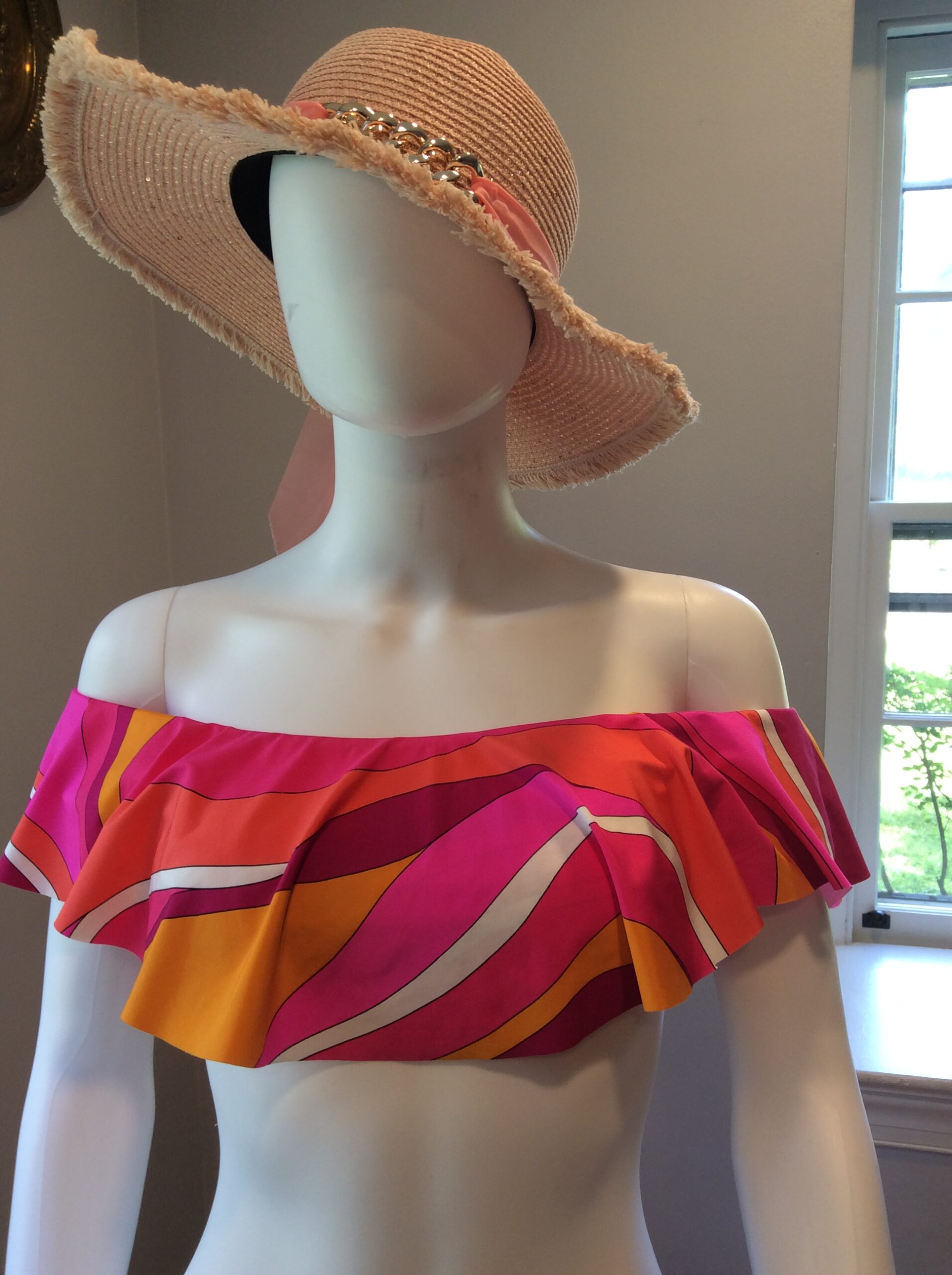 Hot Pink Orange Ruffle Off Shoulder Bikini Top Women's Size 8 NWT