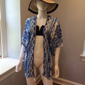 La Blanca Blue White Floral Kimono Cover Up Women's Beach Cover Up