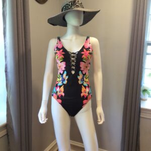leu Rod Beattie Black Floral Lace-Up One Piece Swimsuit Women's Tropical Swimwear Size 8