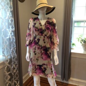 DKNY Purple Floral Chiffon Dress Women's Ruffle Sleeve Dress Size 16