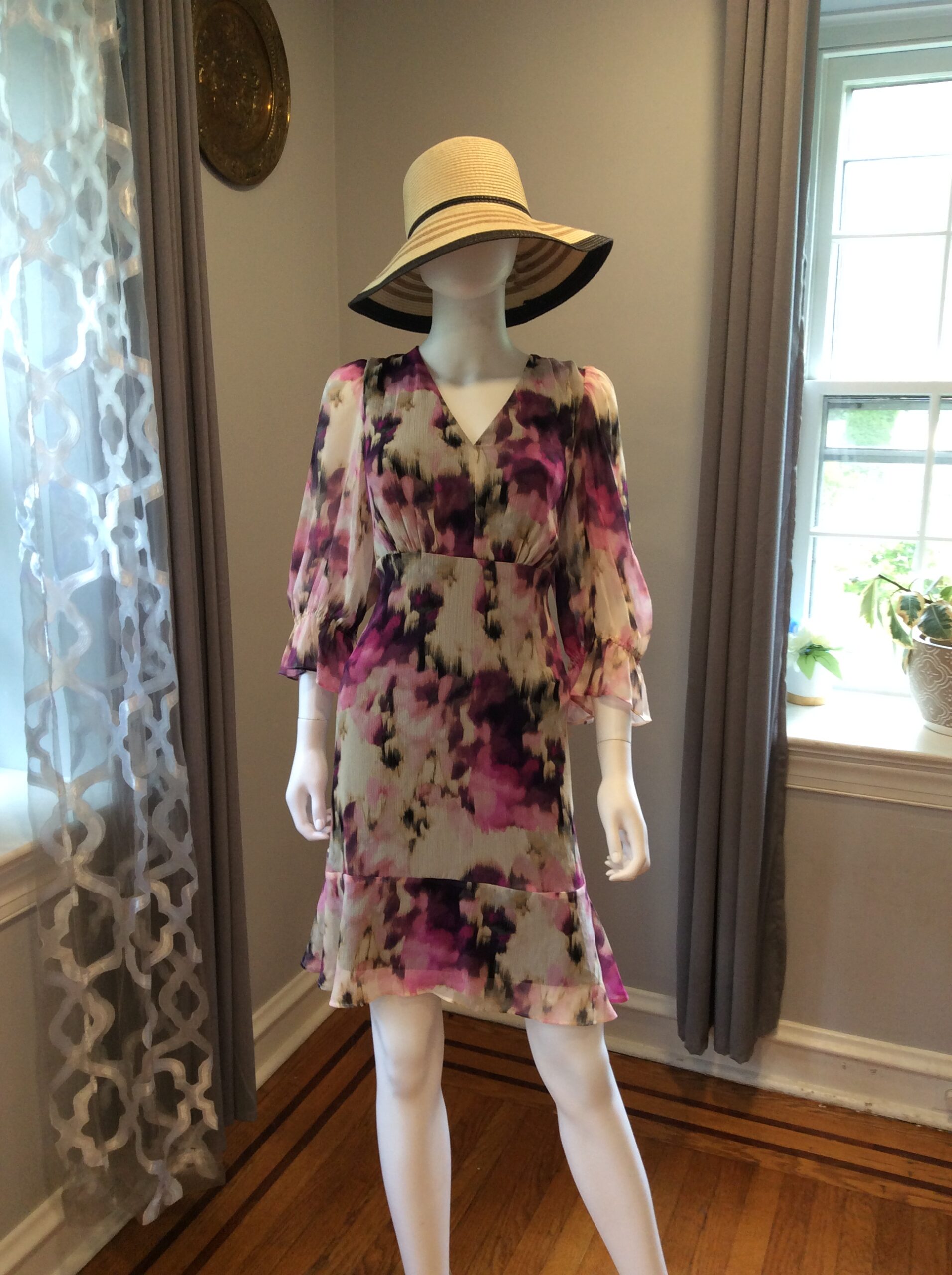 DKNY Purple Floral Chiffon Dress Women's Ruffle Sleeve Dress Size 16