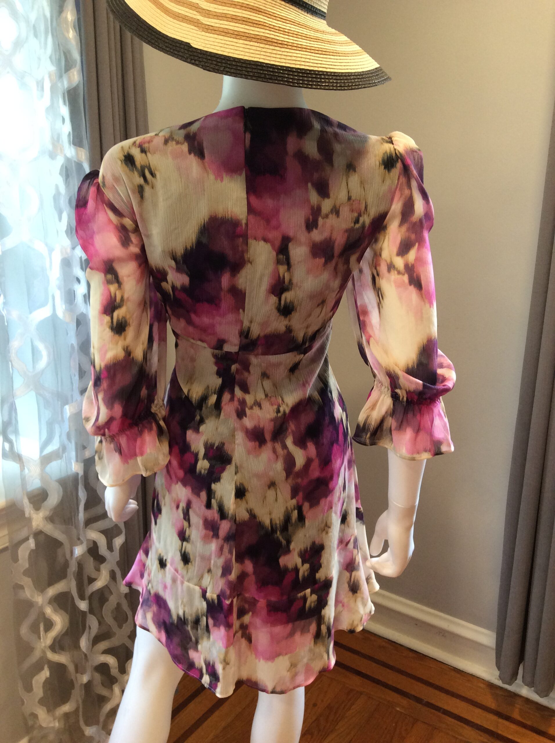 DKNY Purple Floral Chiffon Dress Women's Ruffle Sleeve Dress Size 16 - Image 3