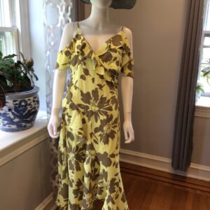 DKNY Yellow Floral Midi Dress Women's Ruffle Sleeve Summer Dress Size 8