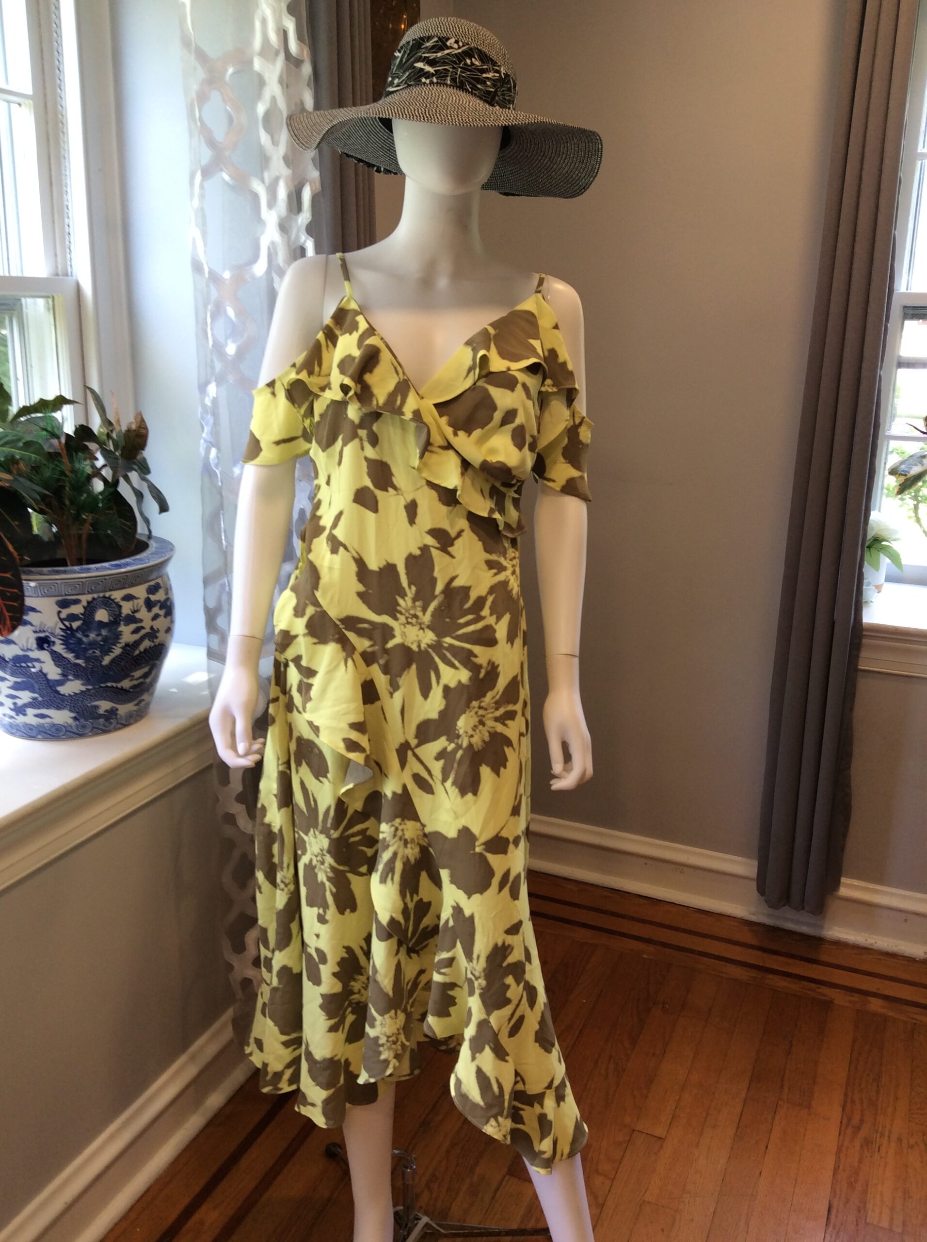 DKNY Yellow Floral Midi Dress Women's Ruffle Sleeve Summer Dress Size 8