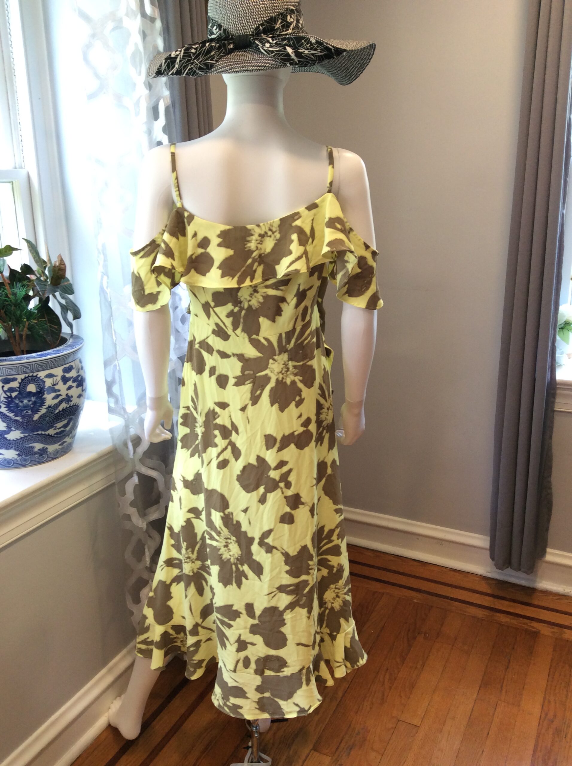 DKNY Yellow Floral Midi Dress Women's Ruffle Sleeve Summer Dress Size 8 - Image 3
