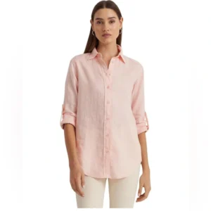 Lauren Ralph Lauren Roll-Tab-Sleeve Linen Shirt Sun Blush Size Small