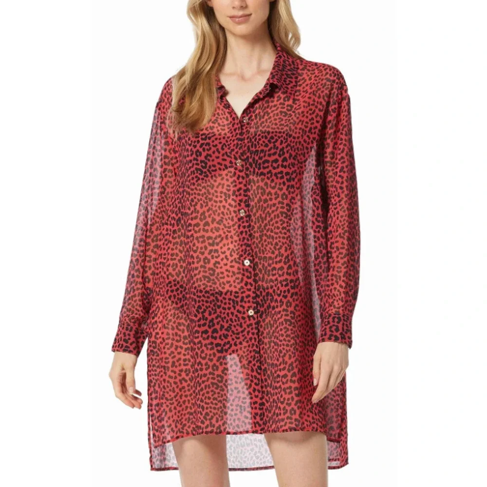 Michael Kors Women's Animal-print Sheer Cover-up Shirt Large Sea Coral