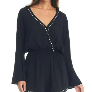 Bar III Black Studded Surplice Romper Women's Long Sleeve 100% Rayon Size S