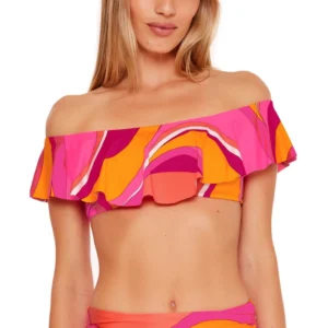 Hot Pink Orange Ruffle Off Shoulder Bikini Top Women's Size 8 NWT
