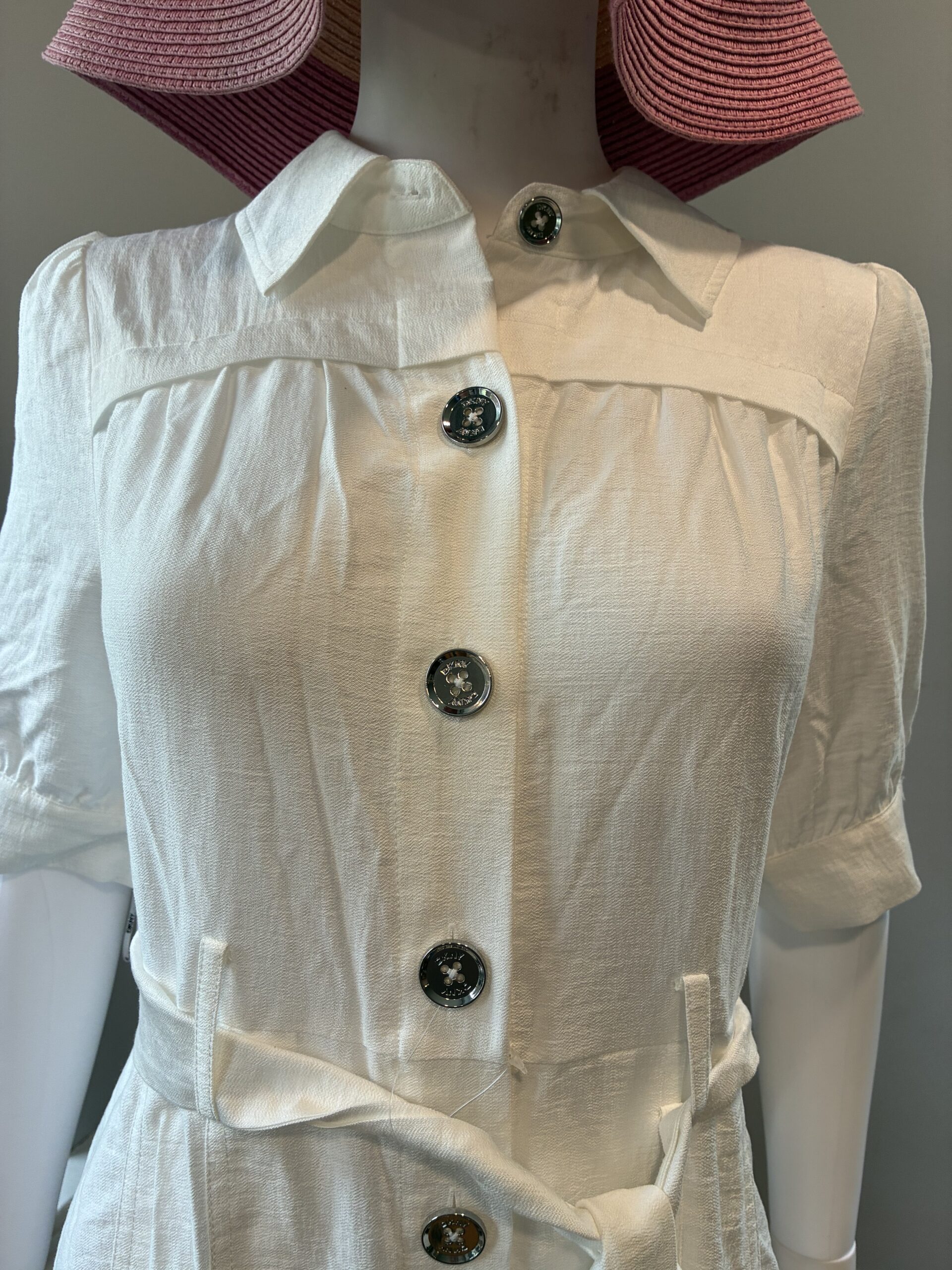 DKNY Women’s Size 6 White Button Front Belted Midi Dress - Image 2