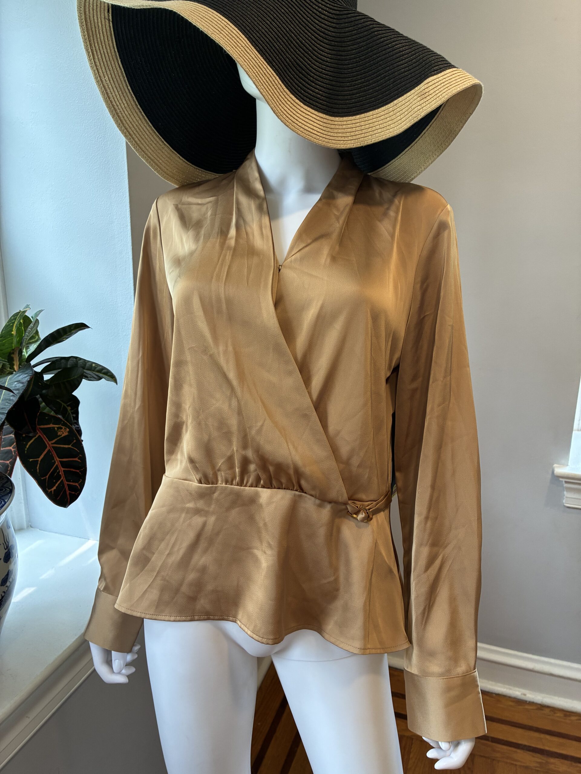 Donna Karan Gold Satin Peplum Wrap Blouse V-Neck Long Sleeve Top Size M