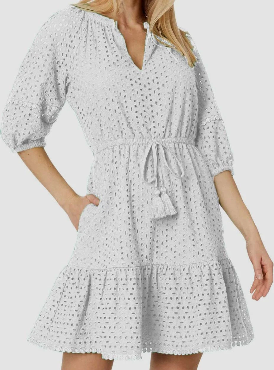 Vince Camuto White Cotton Eyelet Mini Dress V-Neck Tassel Ties Size 8