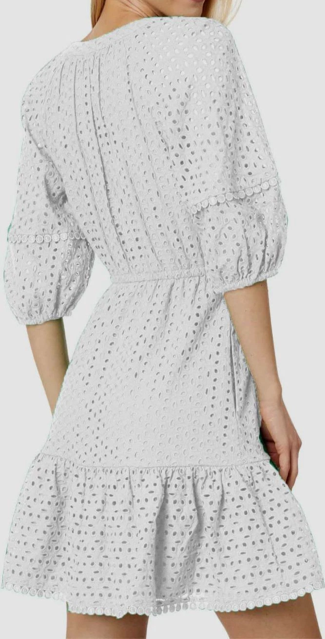 Vince Camuto White Cotton Eyelet Mini Dress V-Neck Tassel Ties Size 8 - Image 2