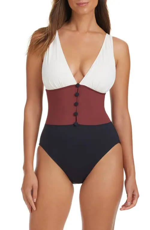 Bleu by Rod Beattie Plus Size Colorblocked Button-Down Cap-Sleeve One-Piece Swimsuit Size 12