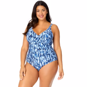 Anne Cole draped one-piece swimsuit features a blue and white abstract ikat print Size 18W