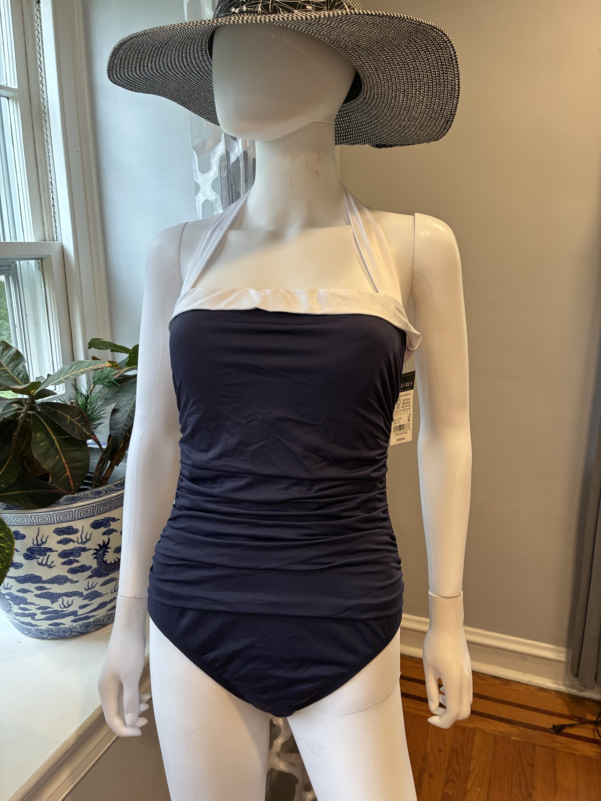 Shirred Navy Blue Halter One-Piece Size US 10 - Image 6