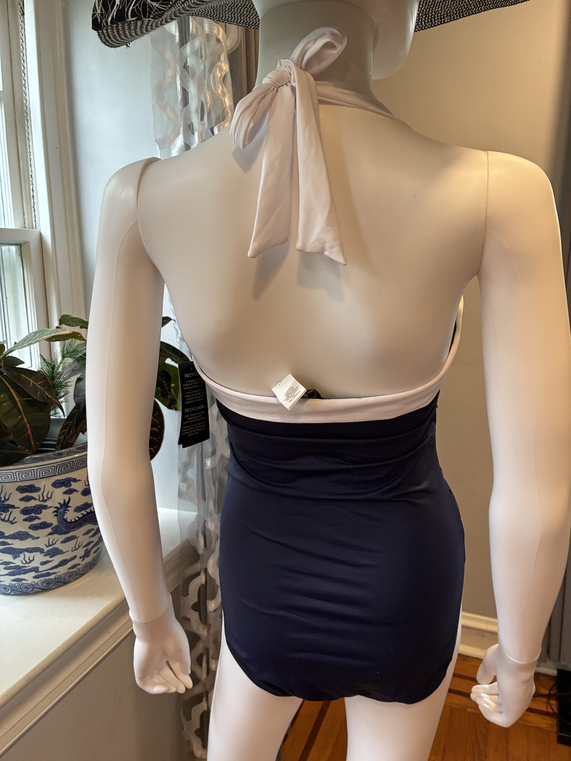 Shirred Navy Blue Halter One-Piece Size US 10 - Image 4