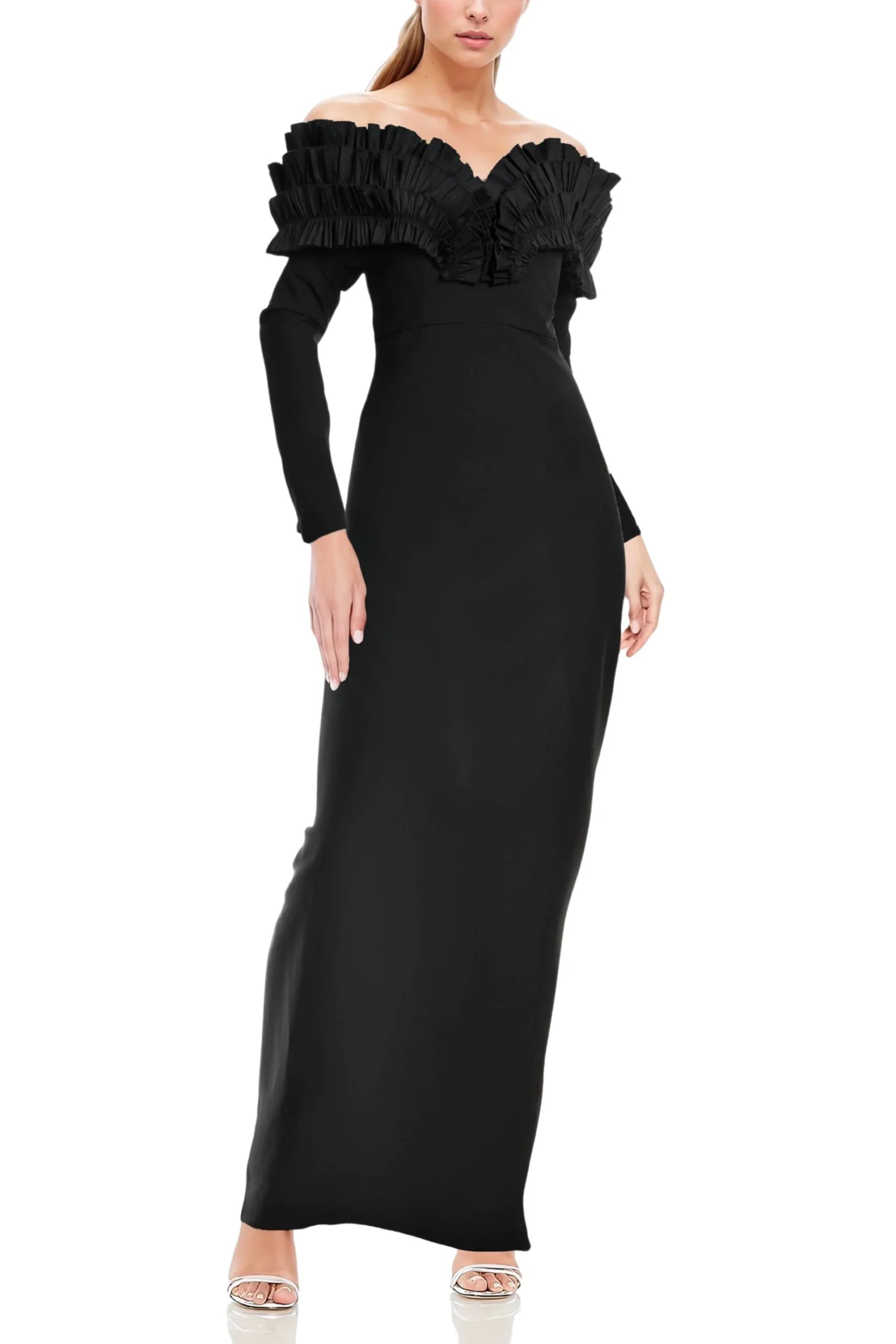 One 33 Social Off-The-Shoulder Neckline Long Sleeves Ruffle Gown Dress Size 12