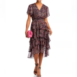 KoKo + Mason tiered midi dress features a black floral print on chiffon fabric Size L